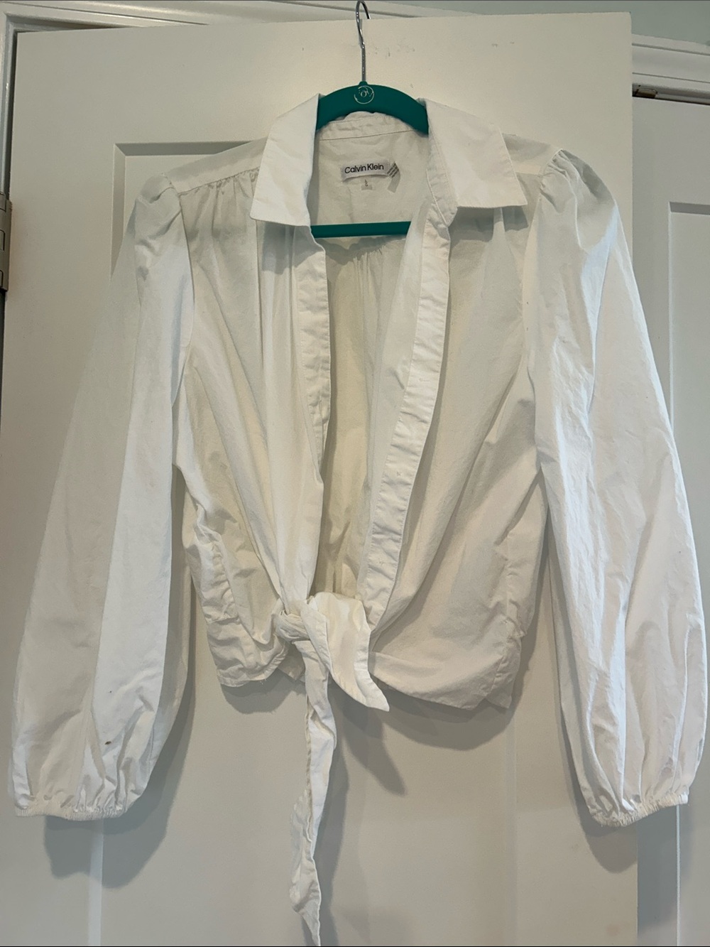Calvin Klein White Front-Tie Puff Sleeve Shirt